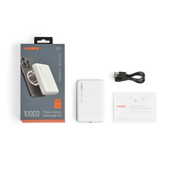 Повербанк з бездротовою зарядкою 10000mAh VIDEX VPB-331 PD20W White