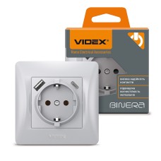 Розетка одинарна із заземленням з USB+USB-C срібний шовк VIDEX BINERA