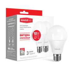 LED лампа MAXUS A60 10W мягкий свет 220V E27 (2шт) (2-LED-561-01)