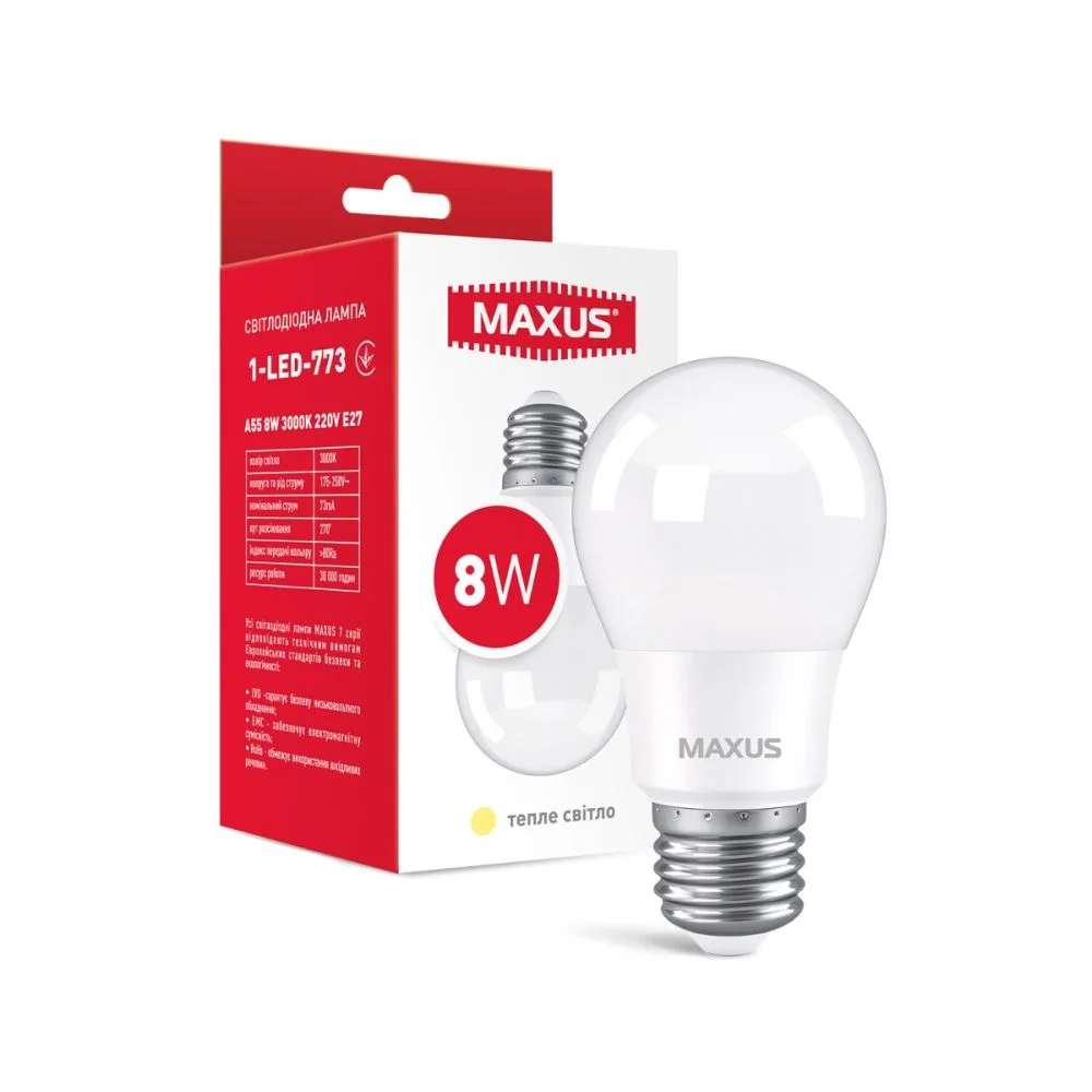 Лампа світлодіодна MAXUS 1-LED-773 A55 8W 3000K 220V E27