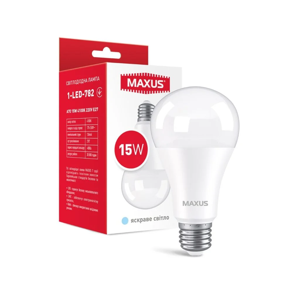 LED лампа MAXUS A70 15W 4100K 220V E27 (1-LED-782)