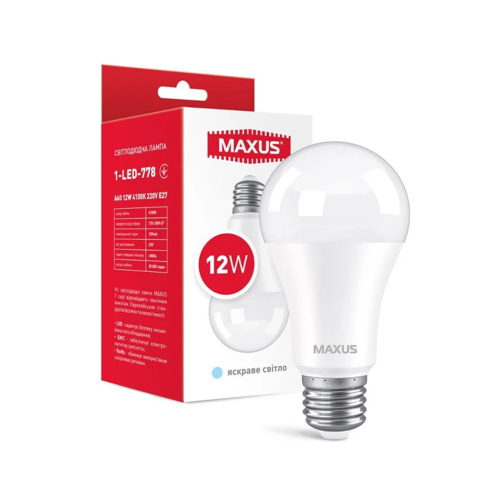 LED лампа MAXUS A60 12W 4100K 220V E27 (1-LED-778)