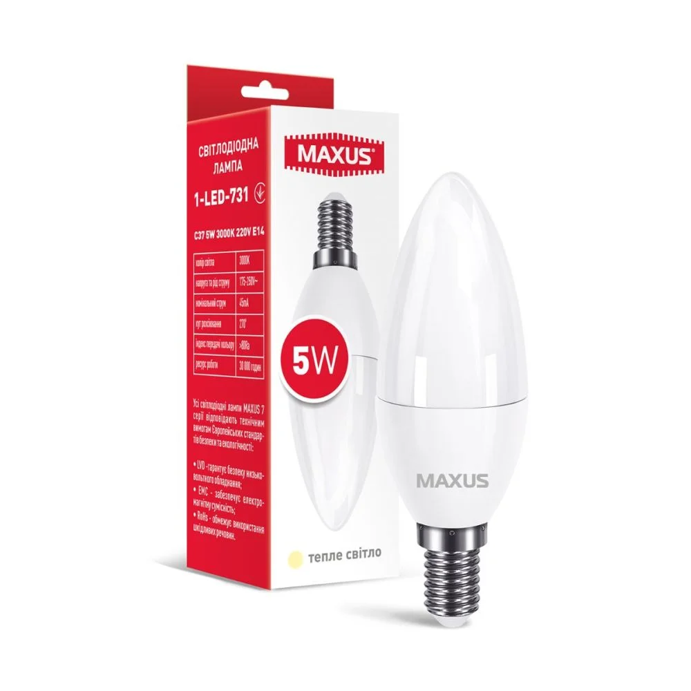 Лампа світлодіодна MAXUS 1-LED-731 C37 5W 3000K 220V E14