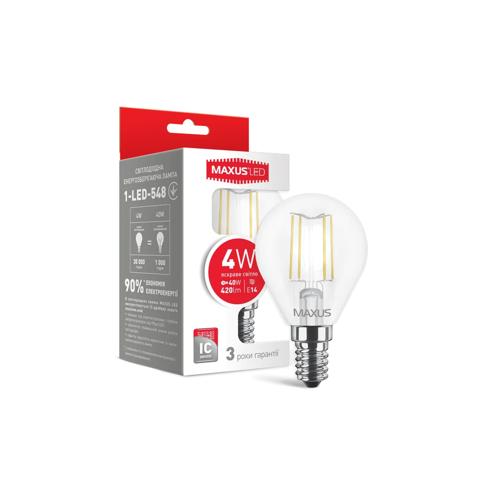 LED лампа MAXUS (filam), G45, 4W, яркий свет,E14 (1-LED-548)