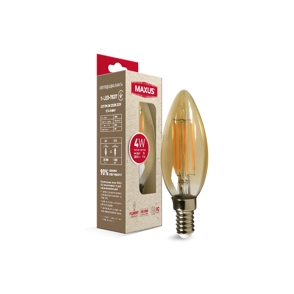 Лампа світлодіодна філаментна MAXUS арт деко C37 4W 2200K E14 Amber